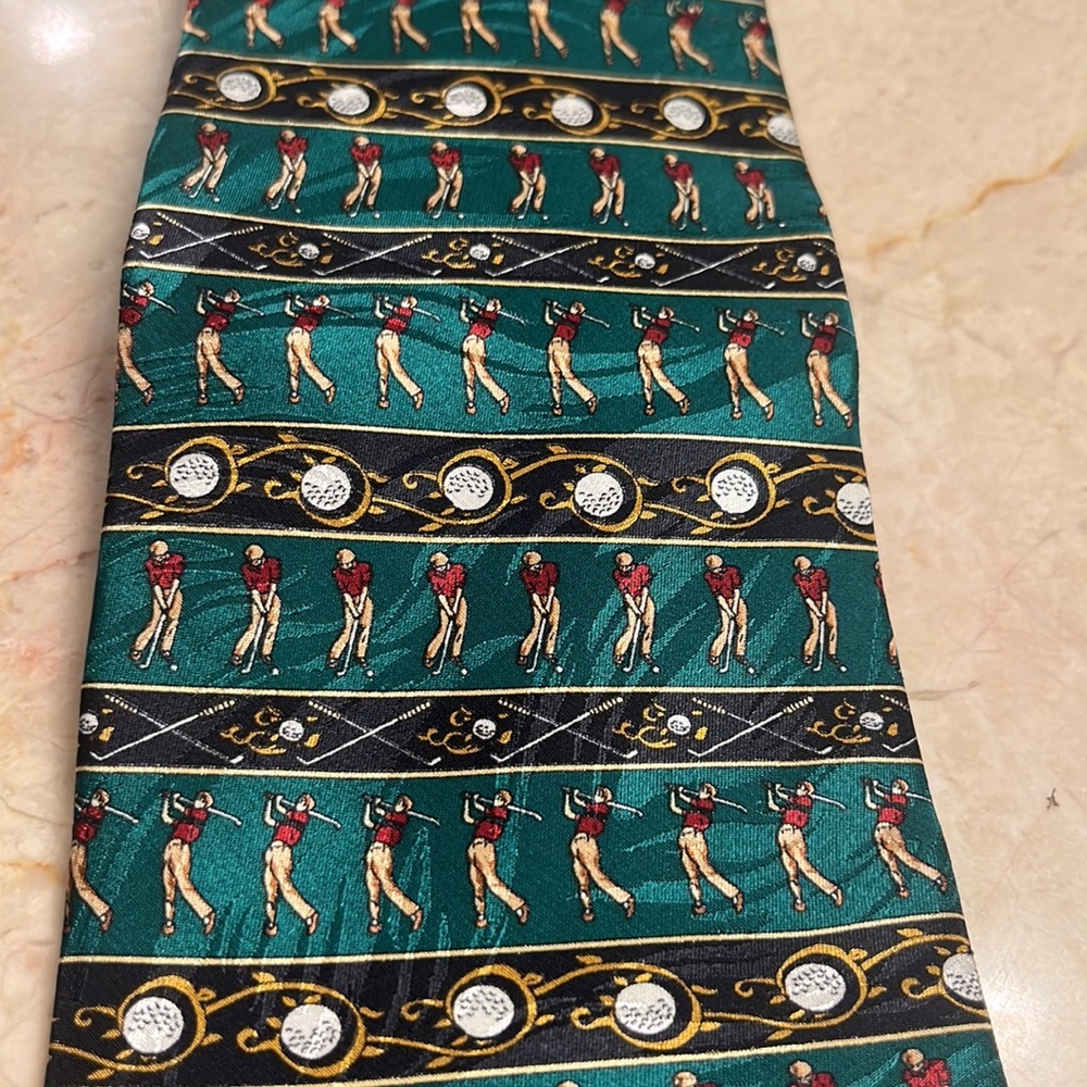 Crooks& Creed of London men’s silk tie, golf design, emerald green background